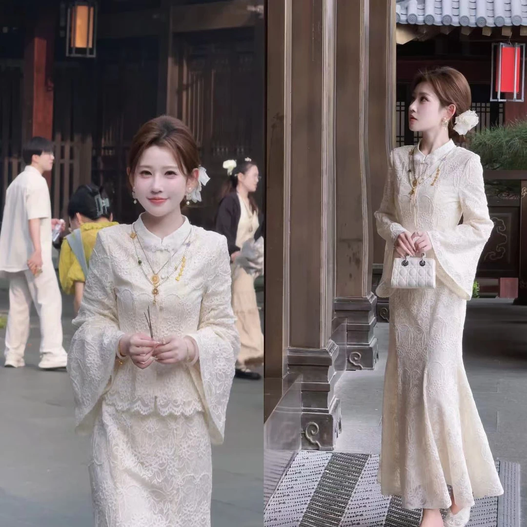 【婷婷】《山茶花•长安》蕾丝植绒刺绣 国风套装 TT2SQTY2083