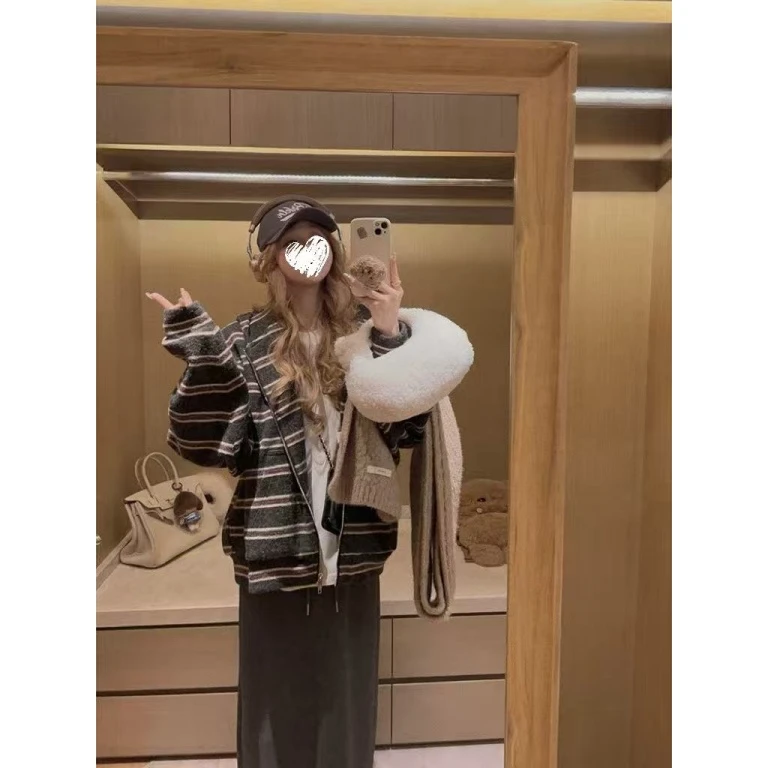韩系宽松休闲慵懒条纹针织加厚连帽外套女长袖百搭上衣 82221