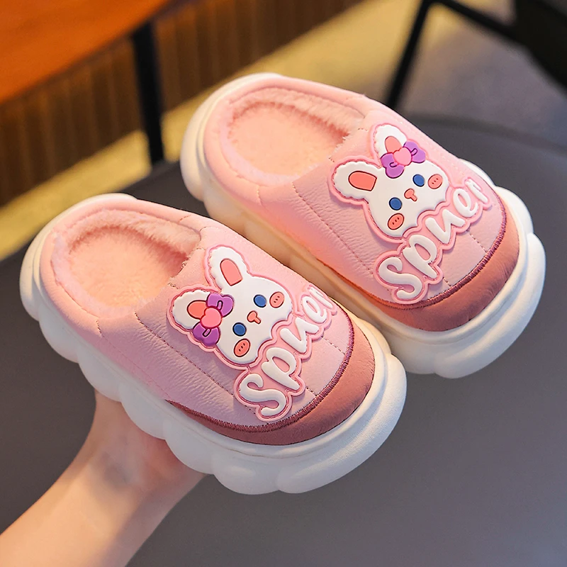 义乌仓-秋冬季儿童防水棉拖鞋男孩亲子室内防滑保暖男女童pu皮面