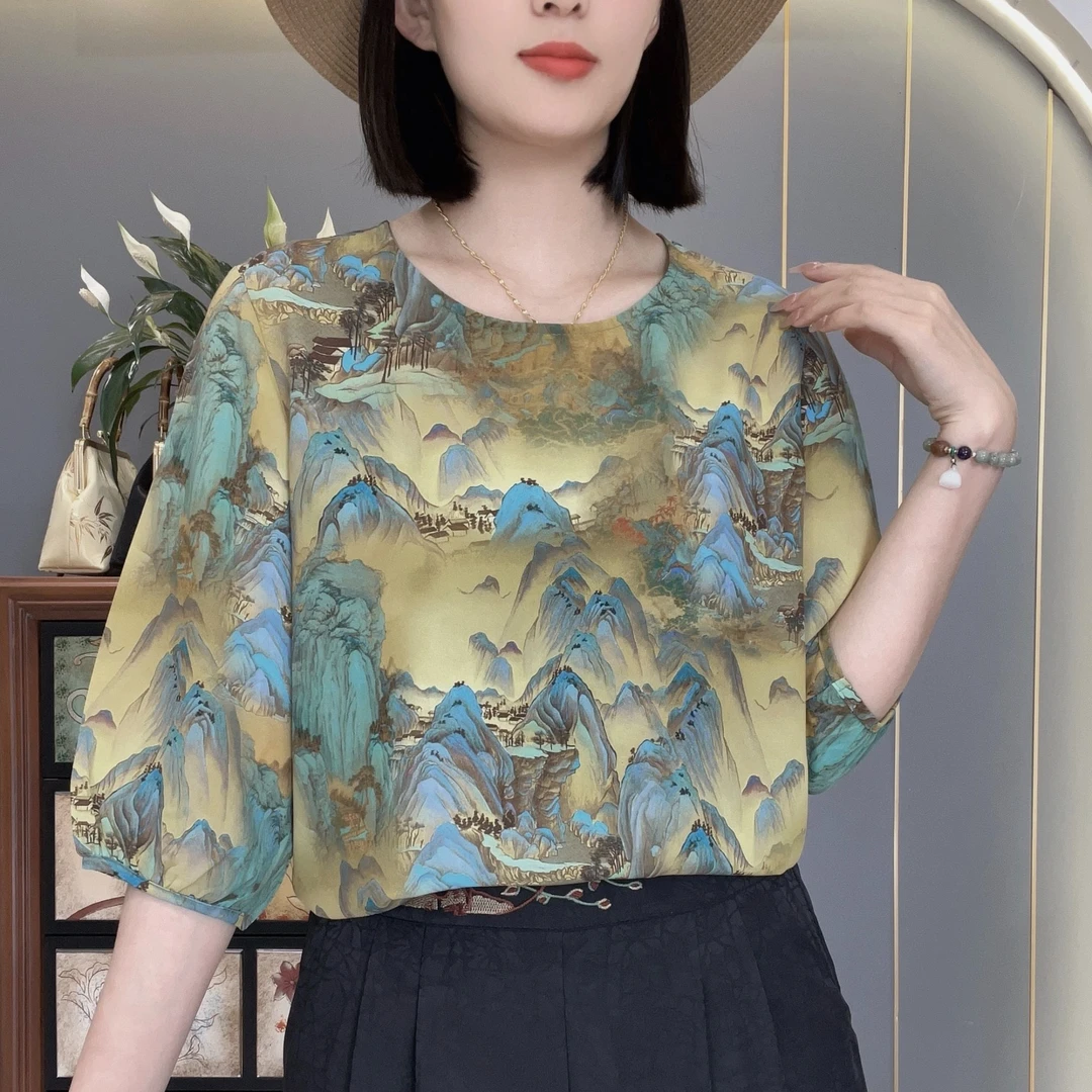 千里江山2025夏季新款圆领半袖气质减龄中老年妈妈装女士上衣小衫