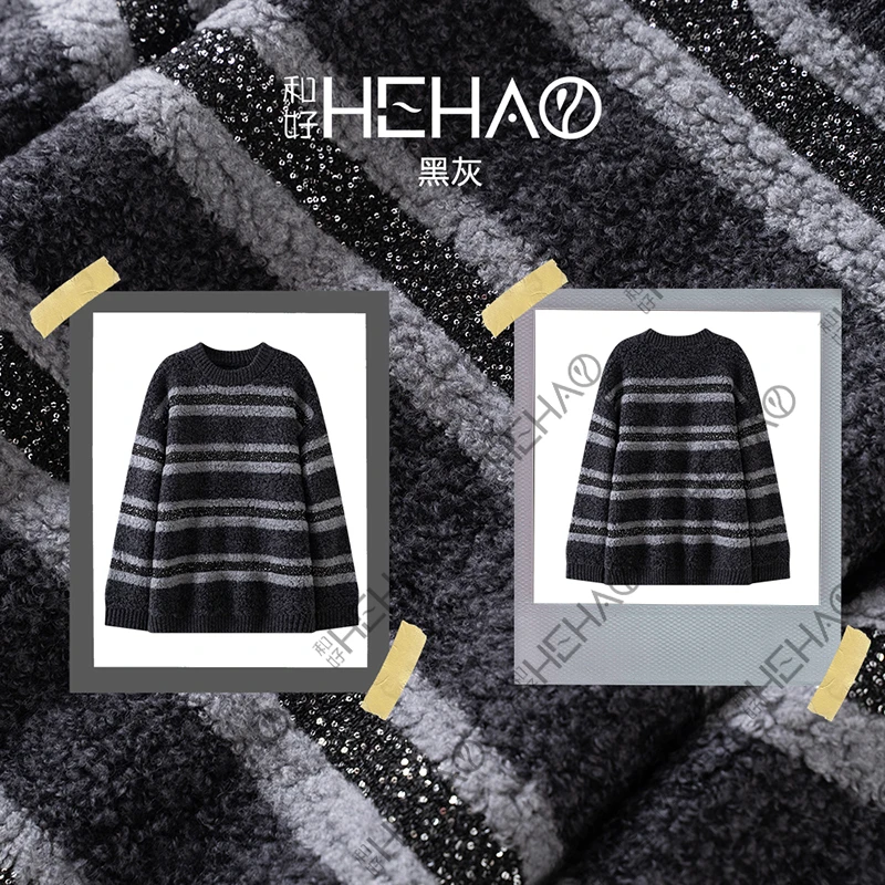 秋冬新款100%绵羊毛休闲宽松圆领条纹撞色亮片百搭套头长袖58563