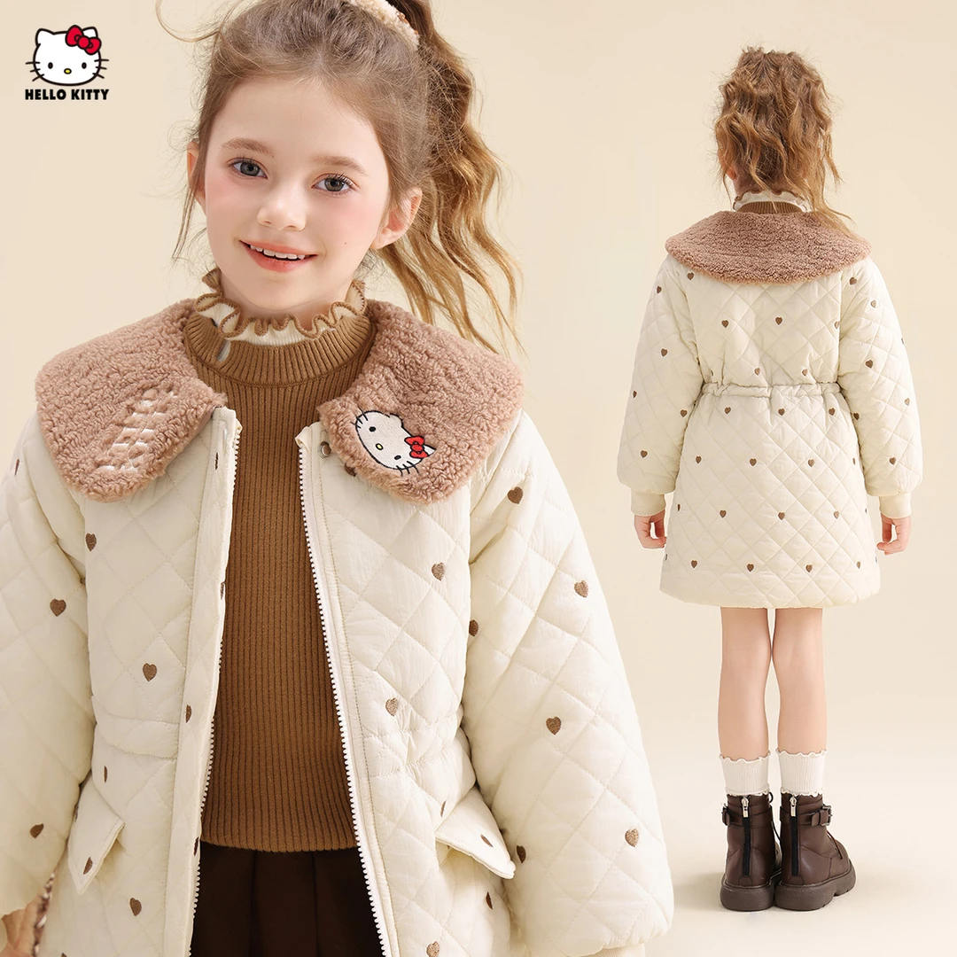 HELLO KITTY女童中大童舒适棉袄2025秋冬季新款翻领外套保暖棉服