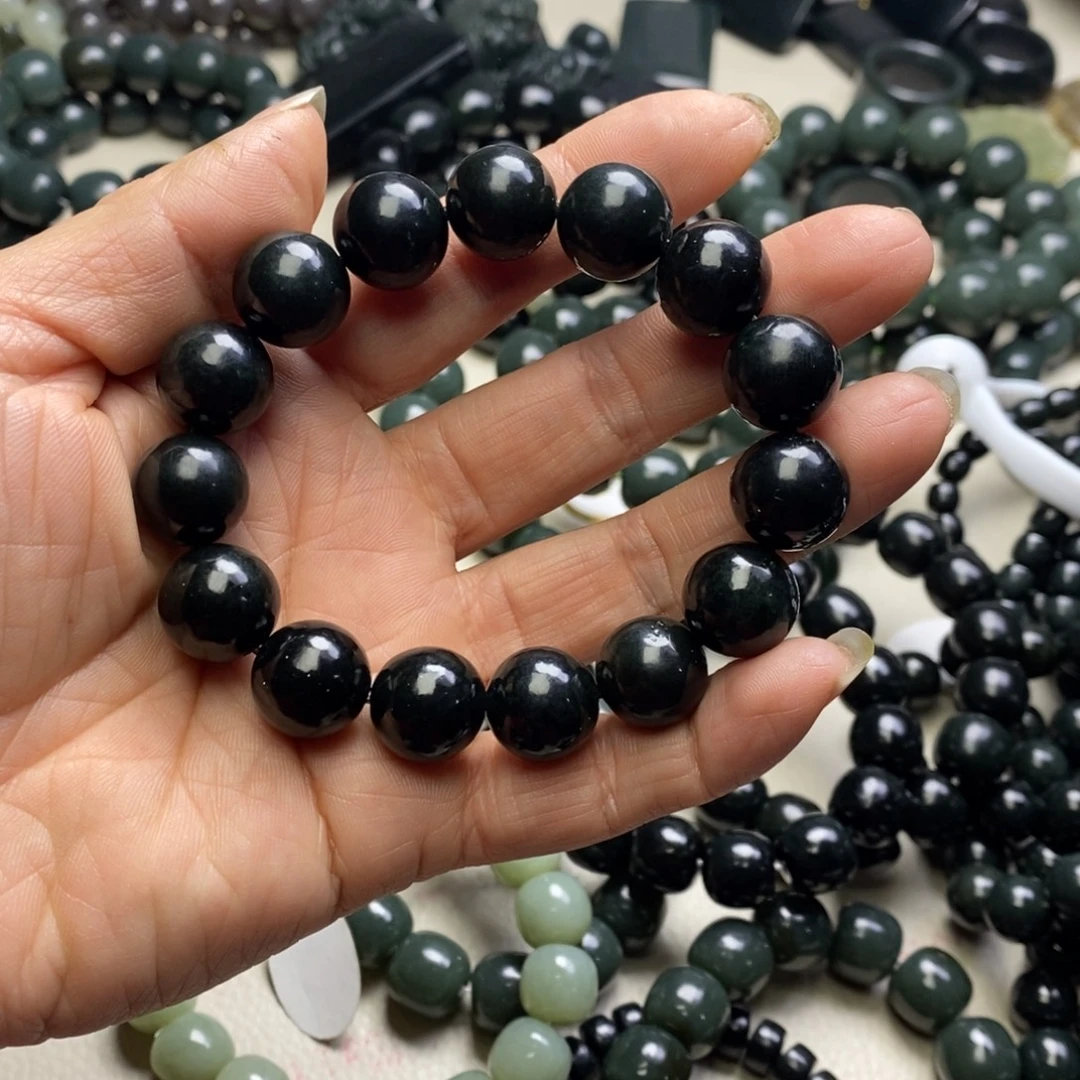 和田玉未镶嵌手链新疆和田黑青玉卡14圆珠手串