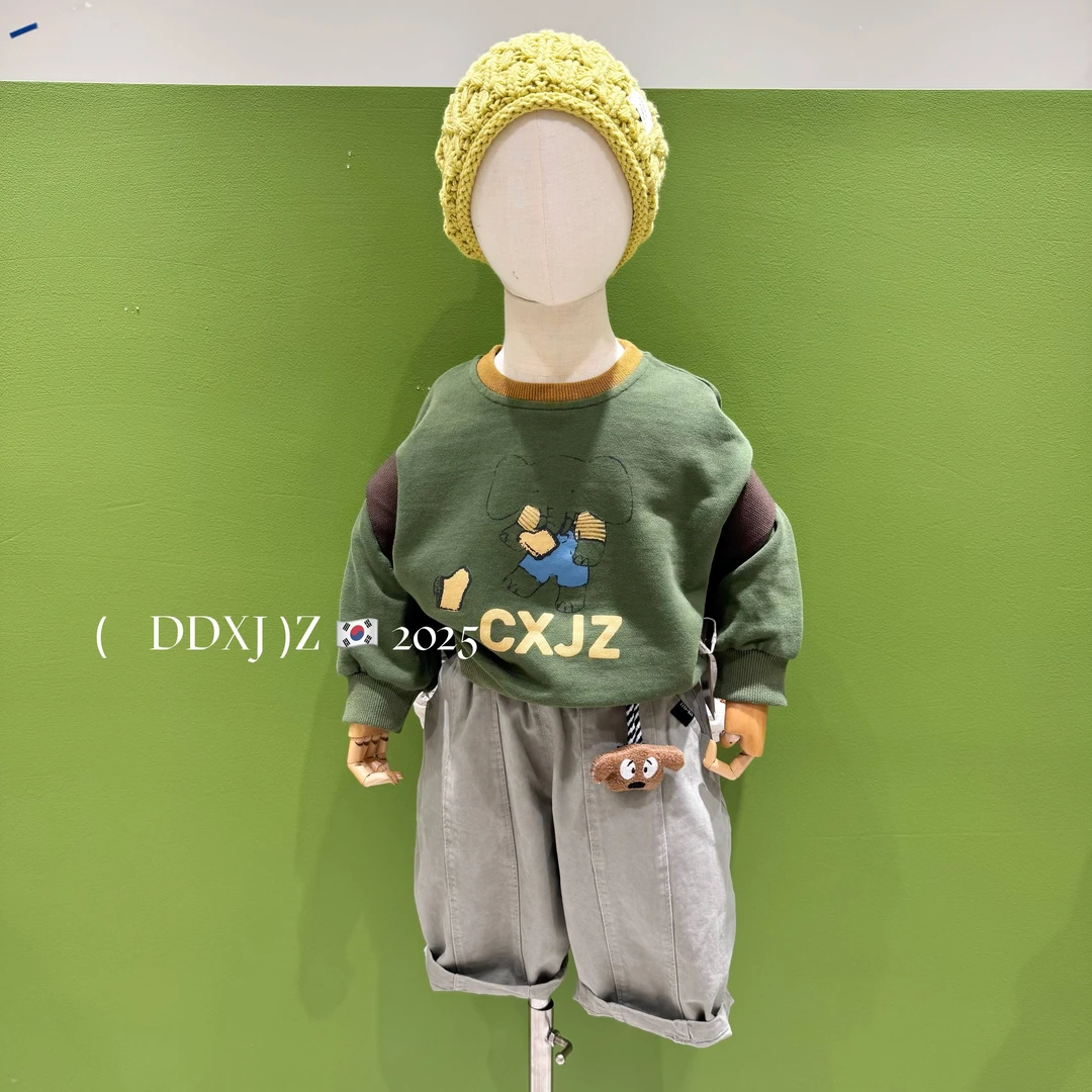 【W+韩系童装】秋款儿童韩版毛圈棉 大象印花拼色领口卫衣25259