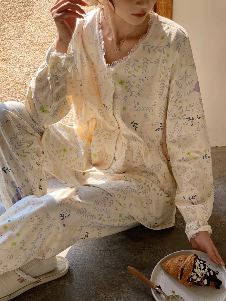 《纯棉带胸垫》孕妇睡衣待产月子服产后哺乳睡衣孕妇喂奶家居服产妇