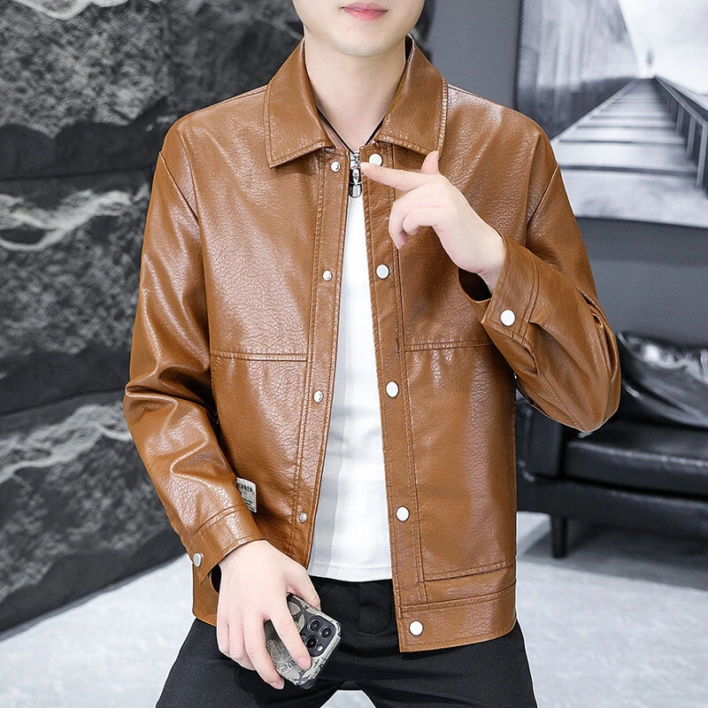 赛罗鲨春秋新款男士百搭帅气外套韩版修身潮流翻领皮夹克8975