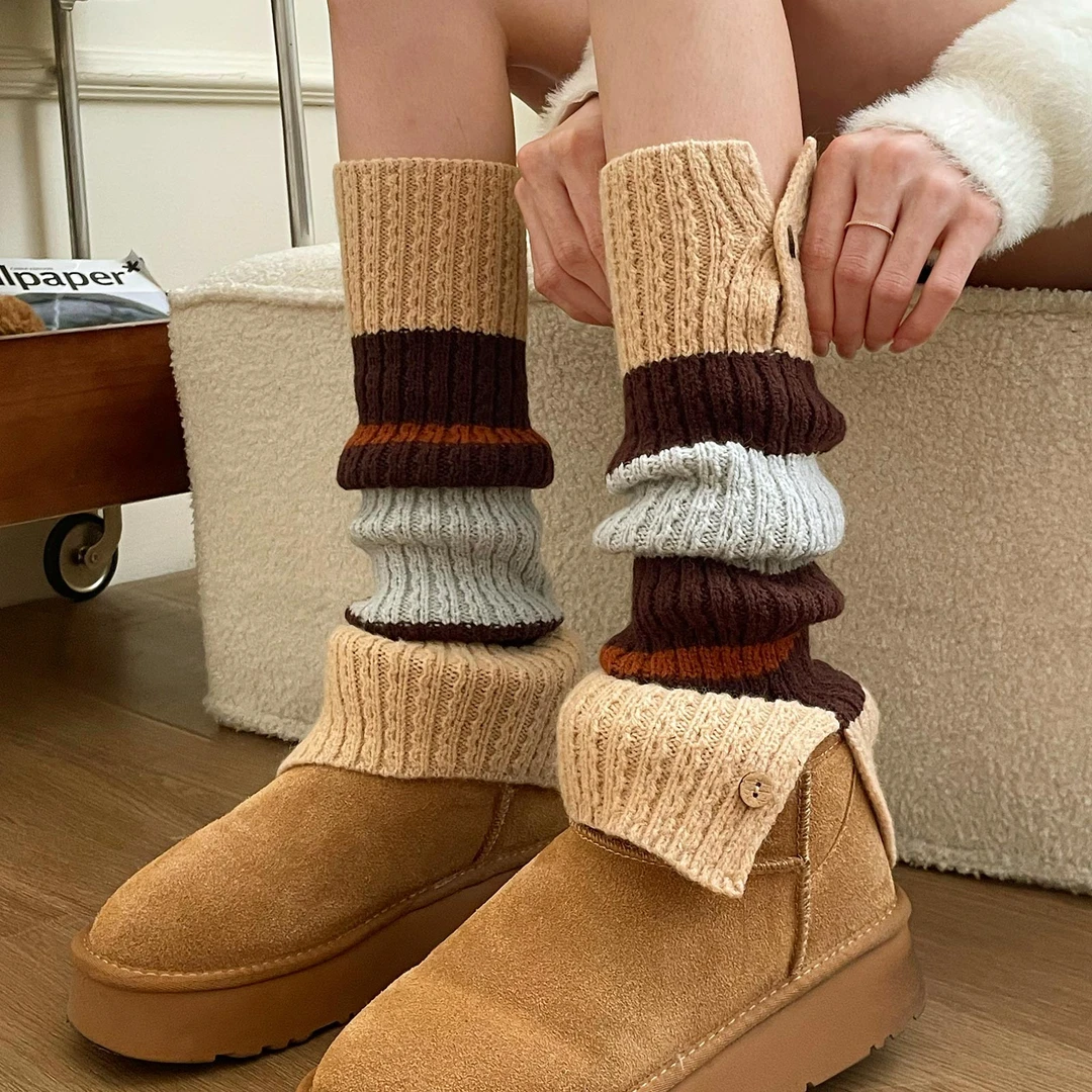 拼色袜套堆堆袜秋冬女款高弹防滑长筒袜民族风腿袜针织显瘦小腿套