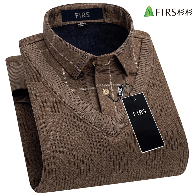 杉杉2025秋冬季新款男士长袖衬衫休闲百搭加绒加厚纯色格子针织衫