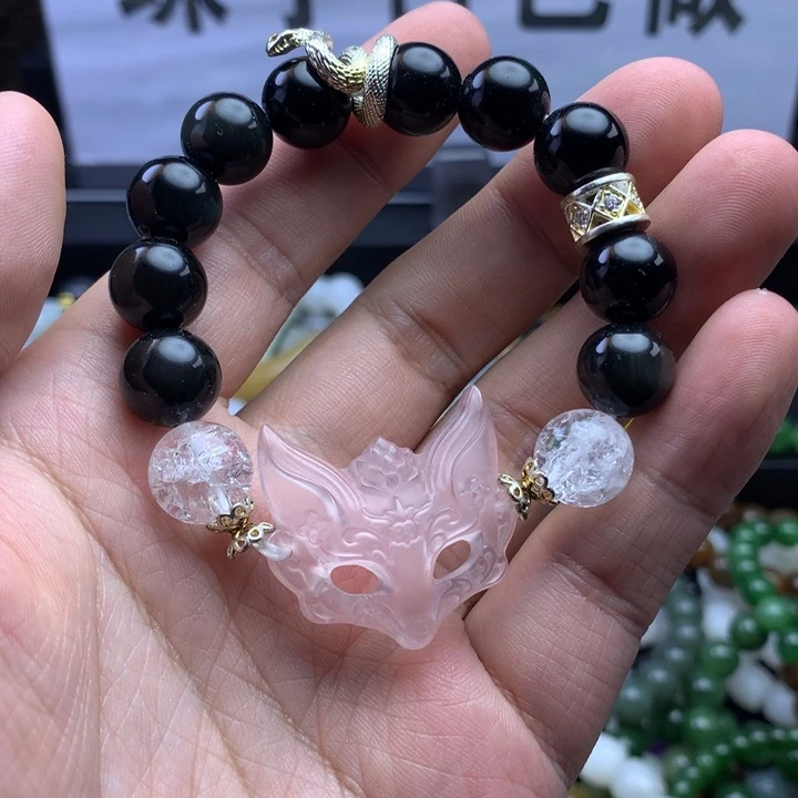 水晶手串合金天然黑曜石 彩耀石➕水晶狐狸