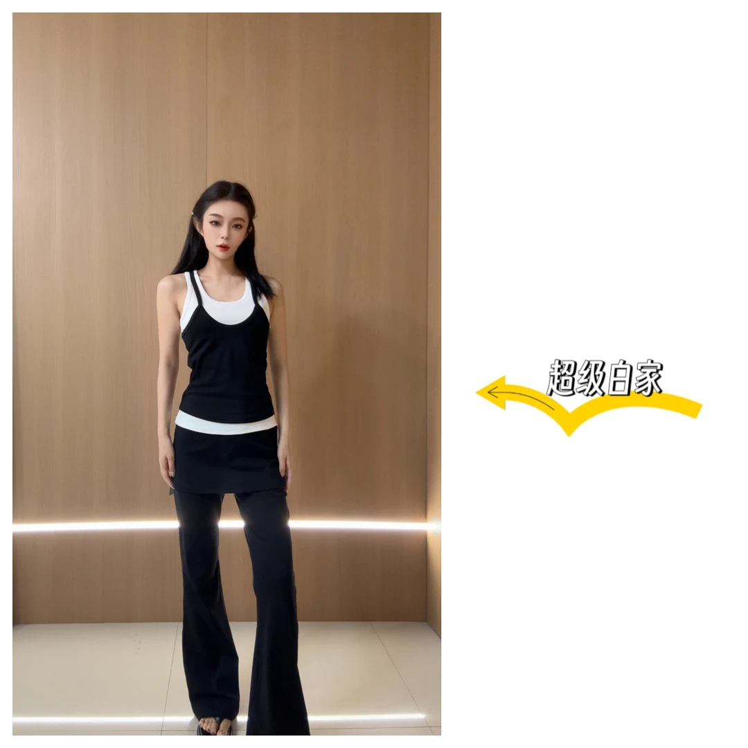 韩版小众设计感假两件显瘦背心➕裤裙假两件微喇裤套装6136夏季