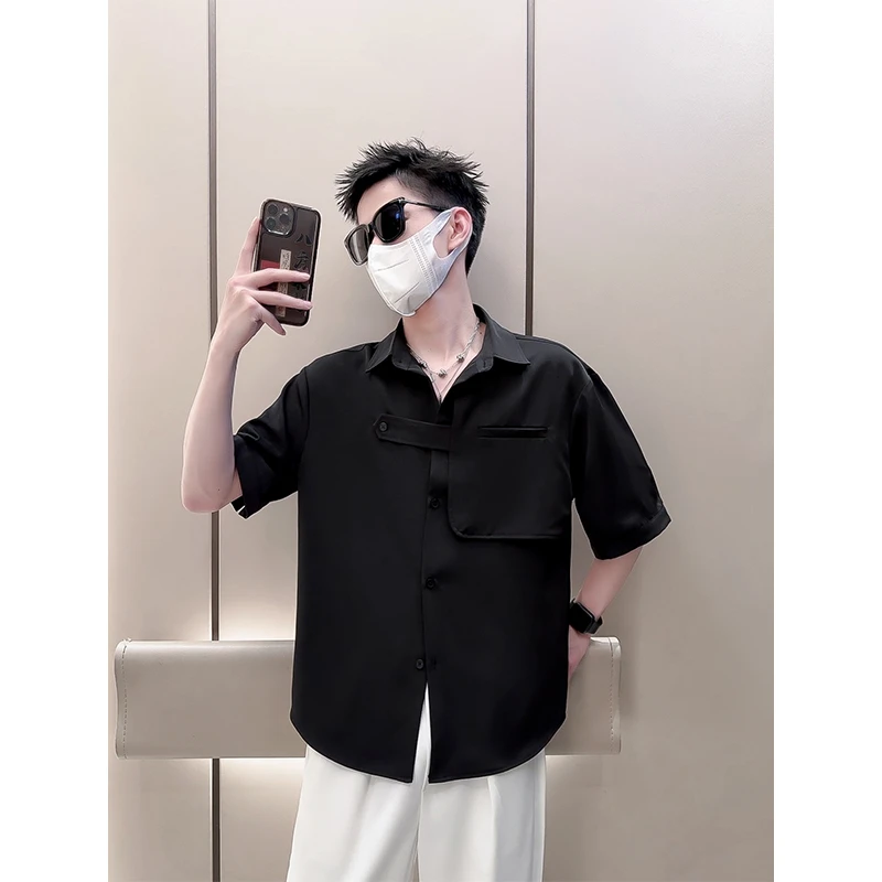 阿航男装 潮流宽松设计师立体剪裁百搭衬衫纯色简约百搭短袖衬衣