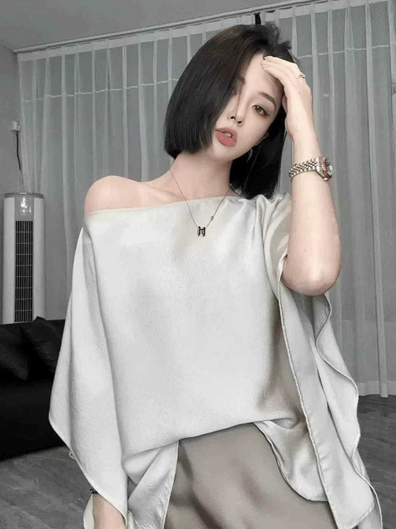 【盼盼精选】法式气质不规则醋酸缎面露肩夏季设计感一字肩衬衫女