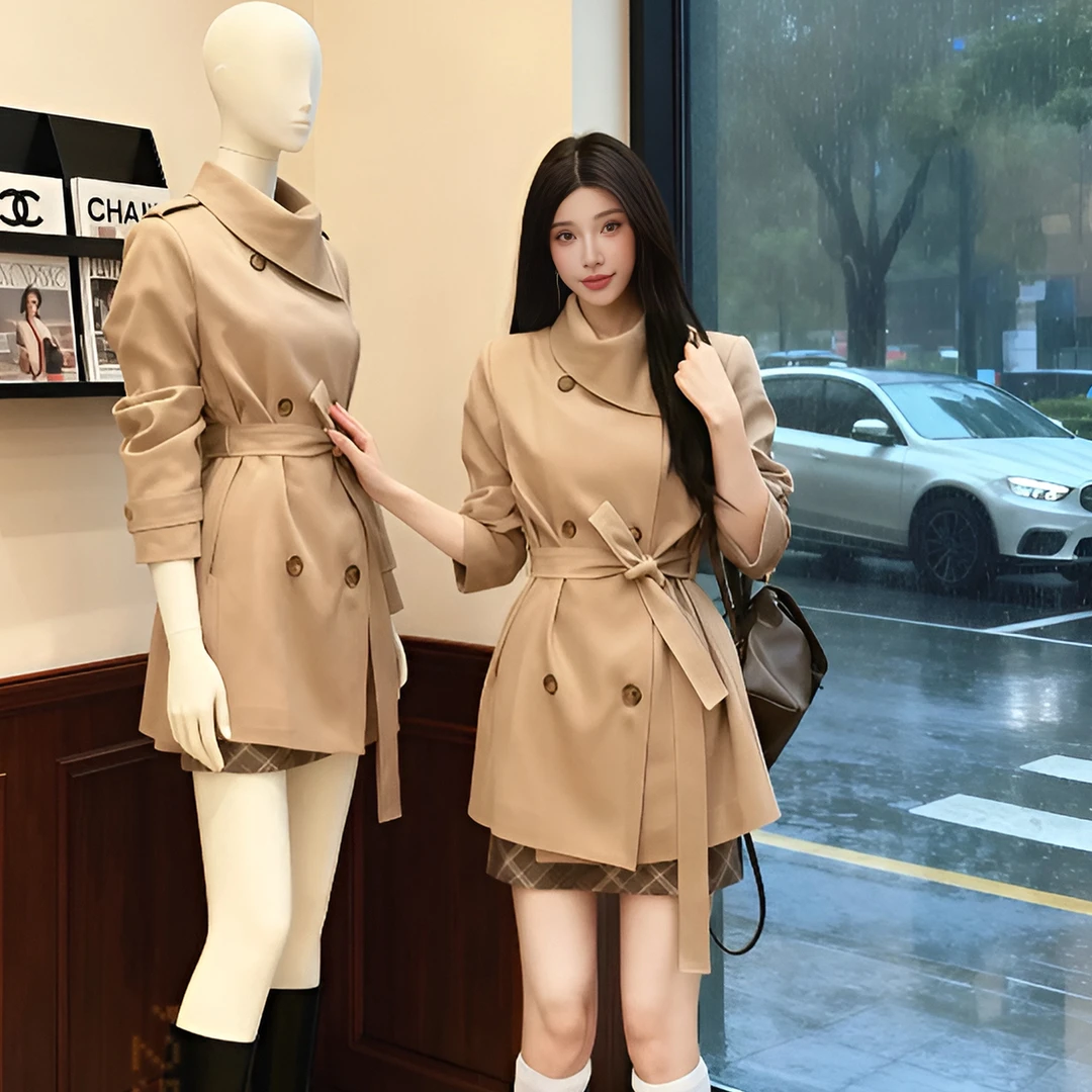 韩版气质双排扣风衣外套女2026春秋季新款高级感收腰显瘦系带大衣