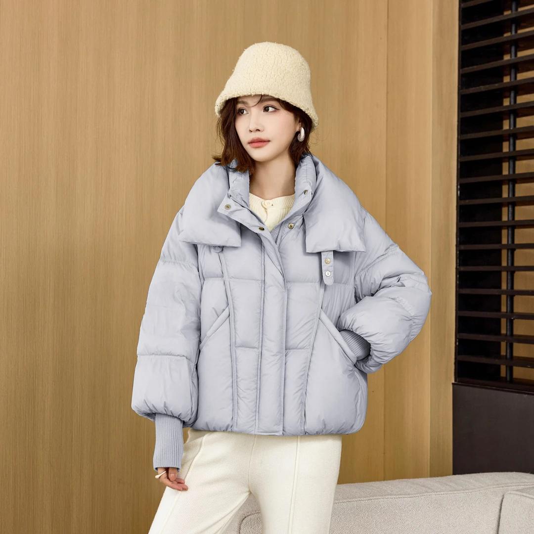 25-066#针织拼接袖连帽羽绒服女2024新款小个子短款面包服