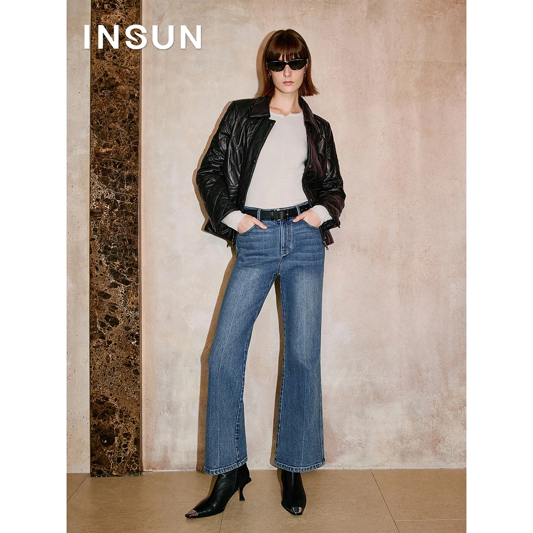 「微雕外套」INSUN恩裳专选2025冬翻领直身菱形格绵羊皮棉服外套