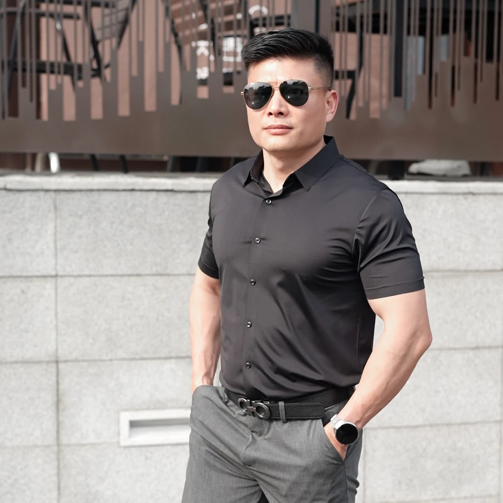 男士休闲衬衫男装透气薄款短袖夏季纯色轻薄商务休闲衬衫