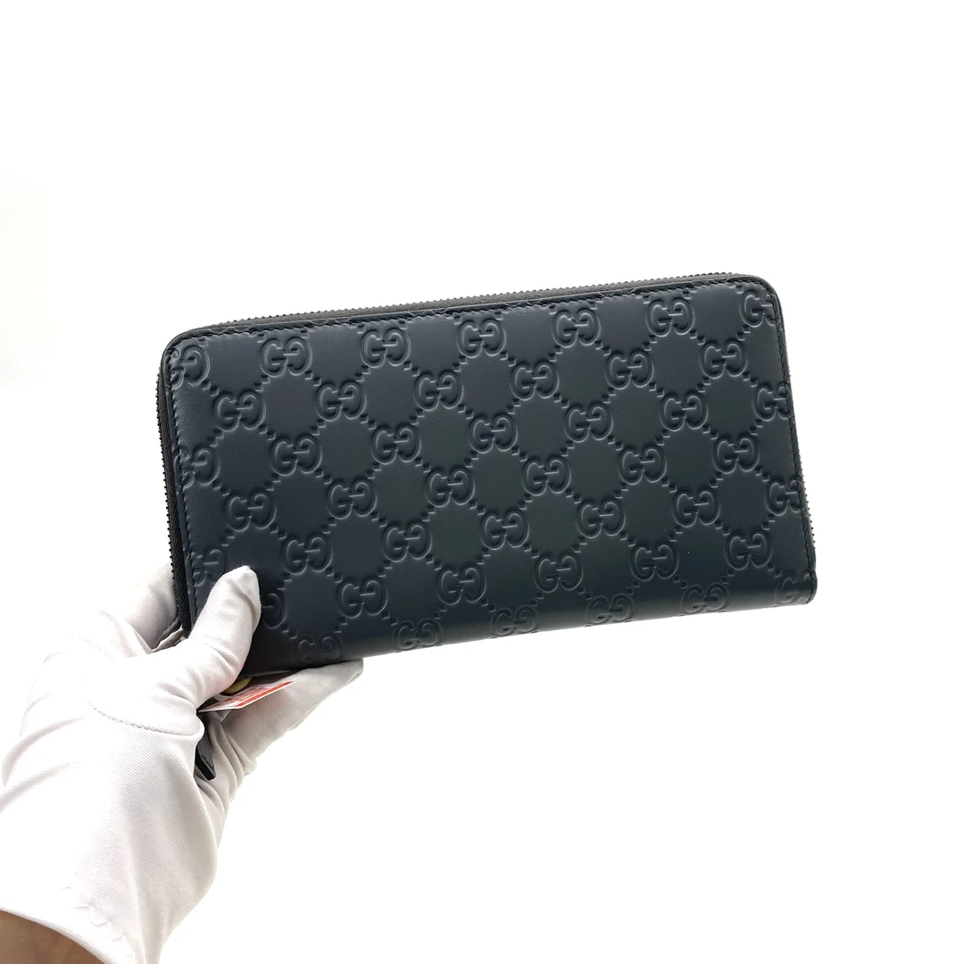 99新 GUCCI/古驰 男士灰色全皮压花拉链钱包 尺寸21/12