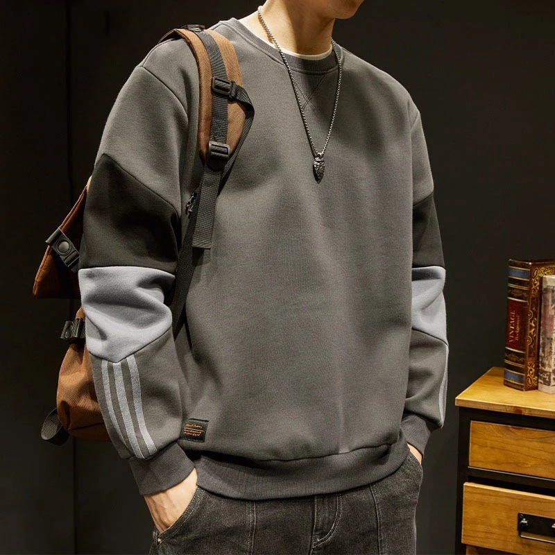 潮牌拼接撞色圆领卫衣男士秋季新款宽松大码长袖外套秋冬绒上衣