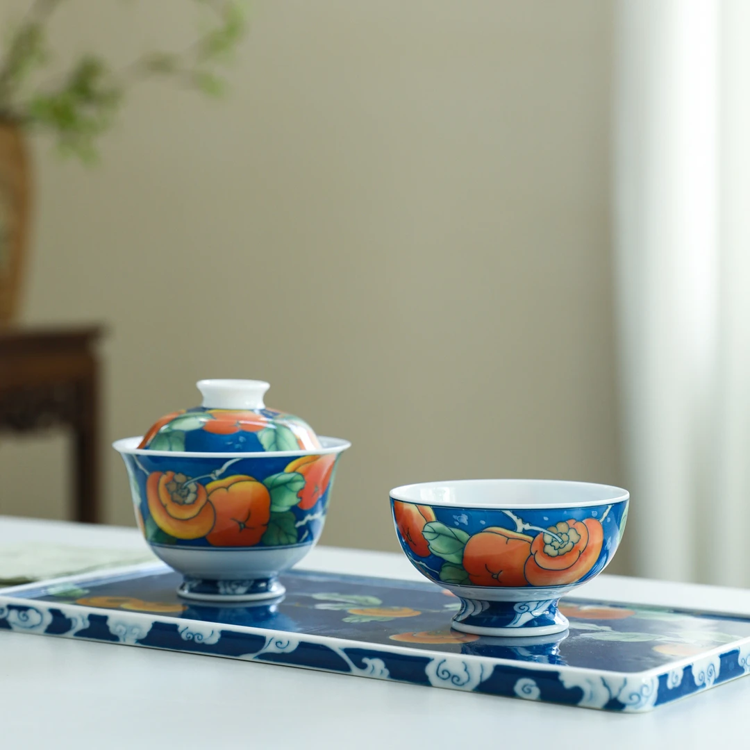 官润窑 手绘陶瓷盖碗釉下彩泡茶碗品茗主人杯壶承干泡台女士柿子