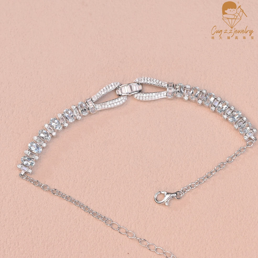 天然海蓝宝石手链宝石丝带设计款法式手链礼物