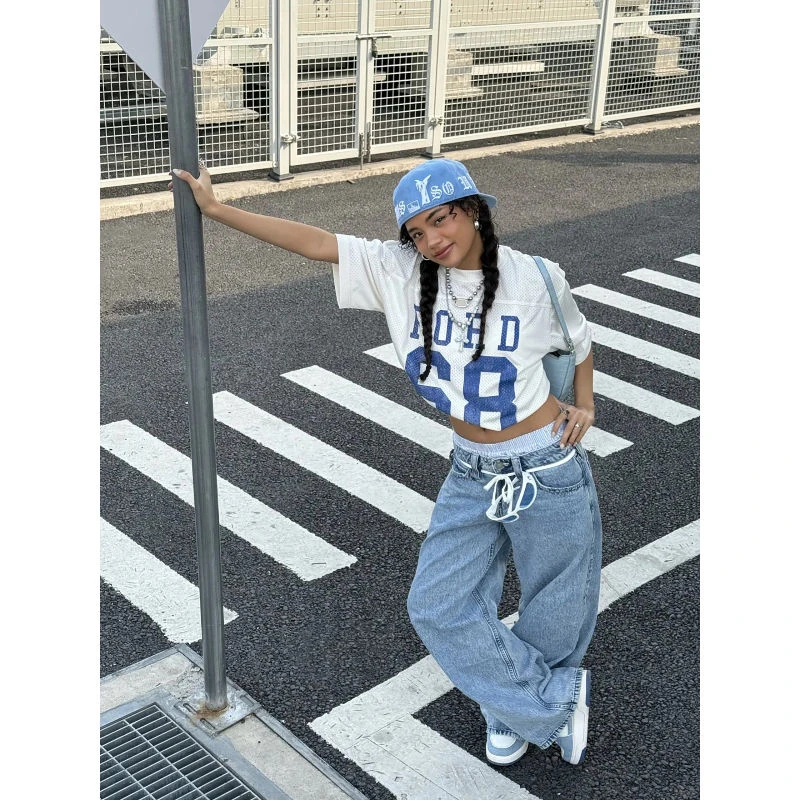 美式白色花字母印花球衣87复古球服街头风短袖t恤女夏季宽松上衣