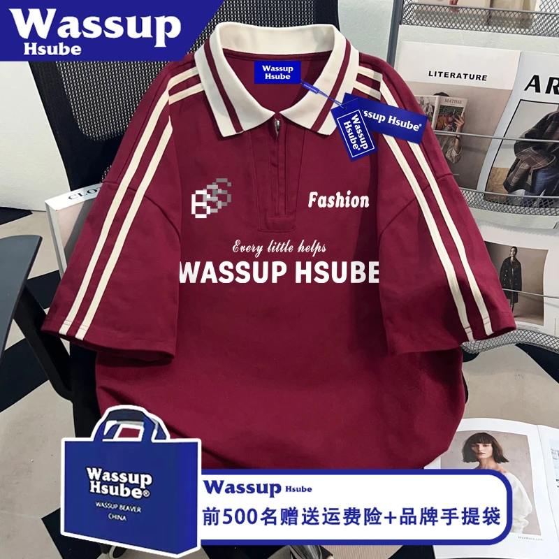 WASSUP HSUBE美式男女款T恤夏季100%棉POLO衫数字英文印花半袖ins