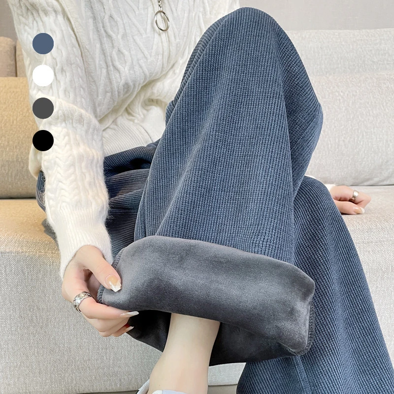 大码加绒女裤2025年新款高腰垂感阔腿裤秋冬休闲显瘦欧女绒直筒裤