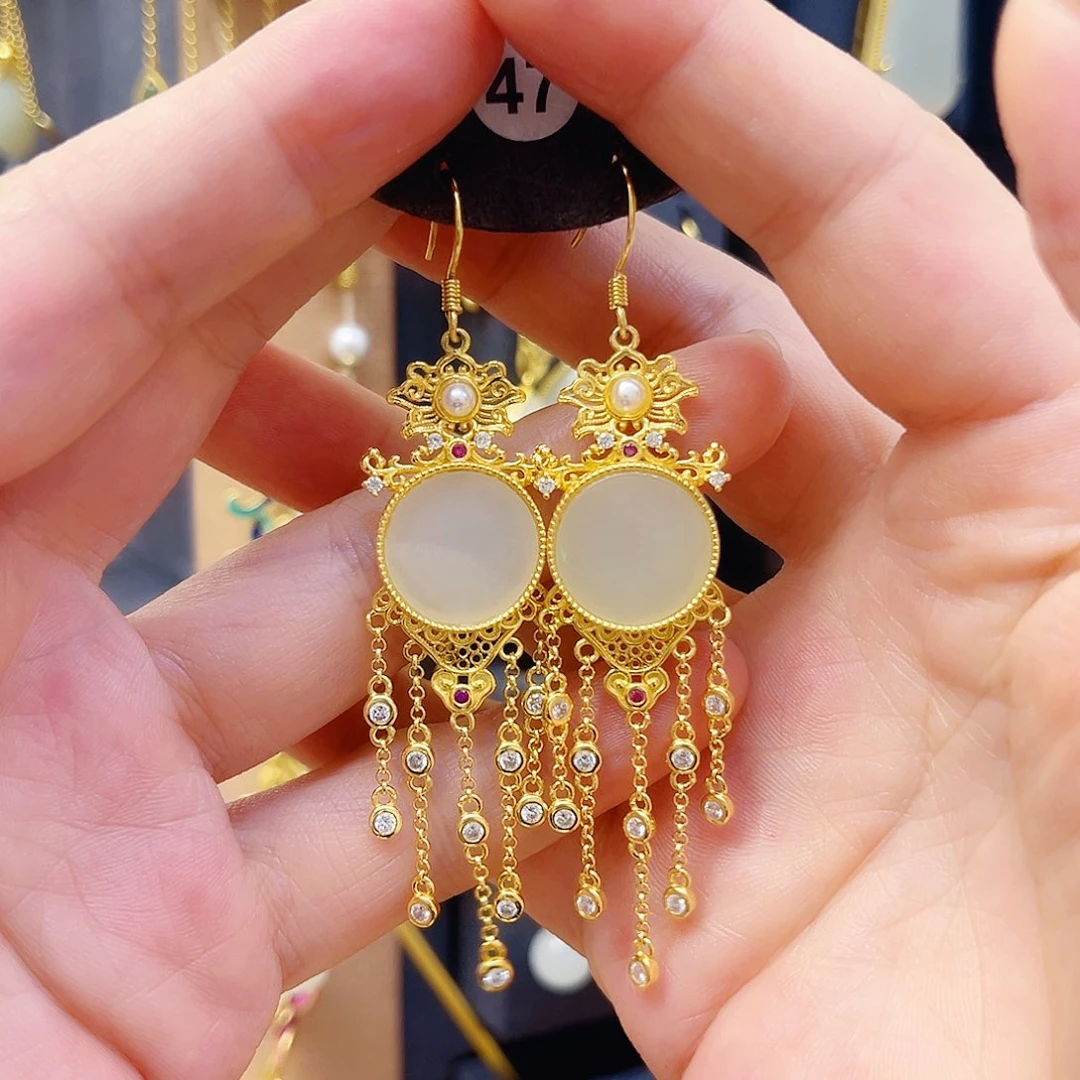 和田玉银S925镀金镶嵌耳饰