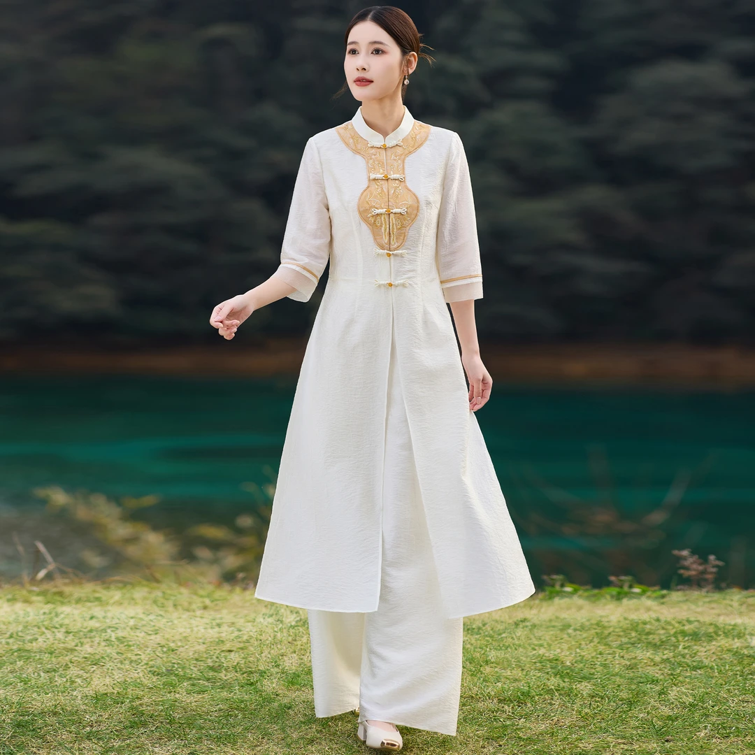 H032茶服女中国风禅意复古改良旗袍套装女新中式高端上衣盘扣禅服