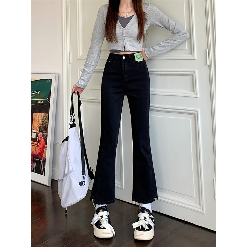 300斤大码黑色弹力喇叭牛仔裤女胖mm显瘦遮胯高腰直筒九分裤裤子