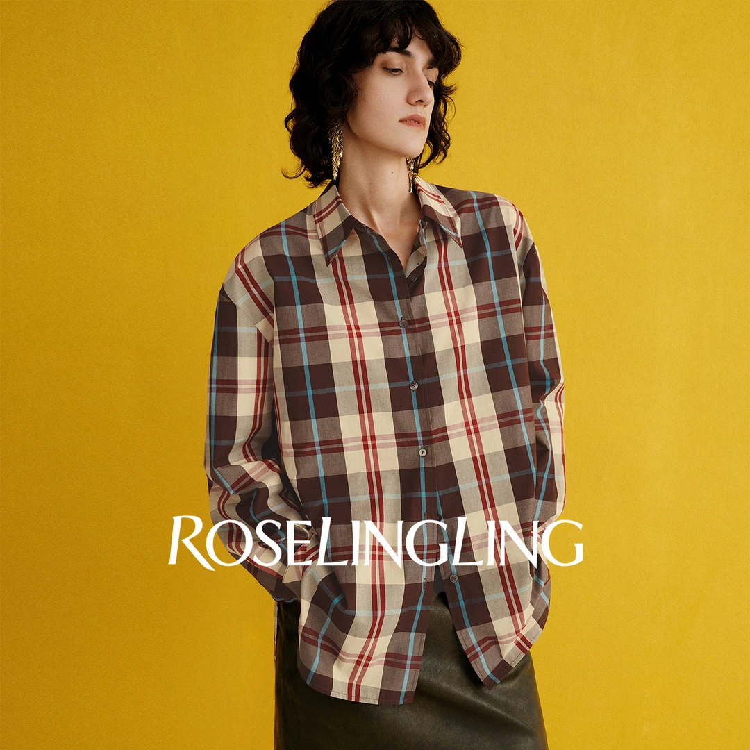 ROSELINGLING艺术经典格纹 莱赛尔棉/平纹色纺格子料翻领宽松衬衫