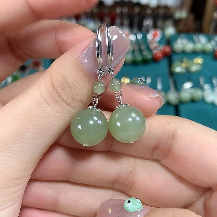 和田玉银S925镶嵌耳饰天然卡12mm左右冰晴水