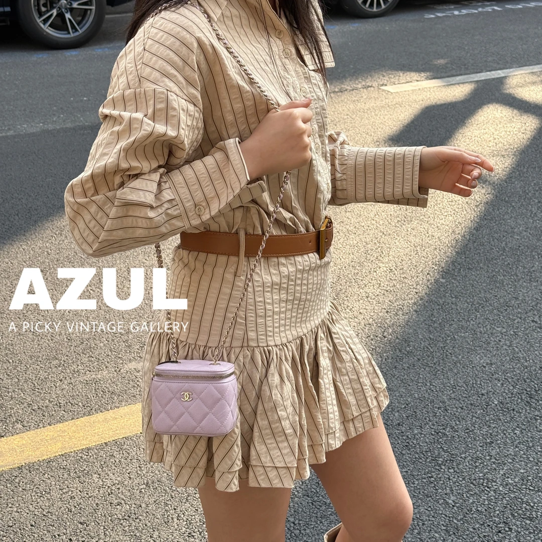 95新 Chanel/香奈儿 Azul-24S浅粉色荔枝皮化妆方盒斜挎包/40614