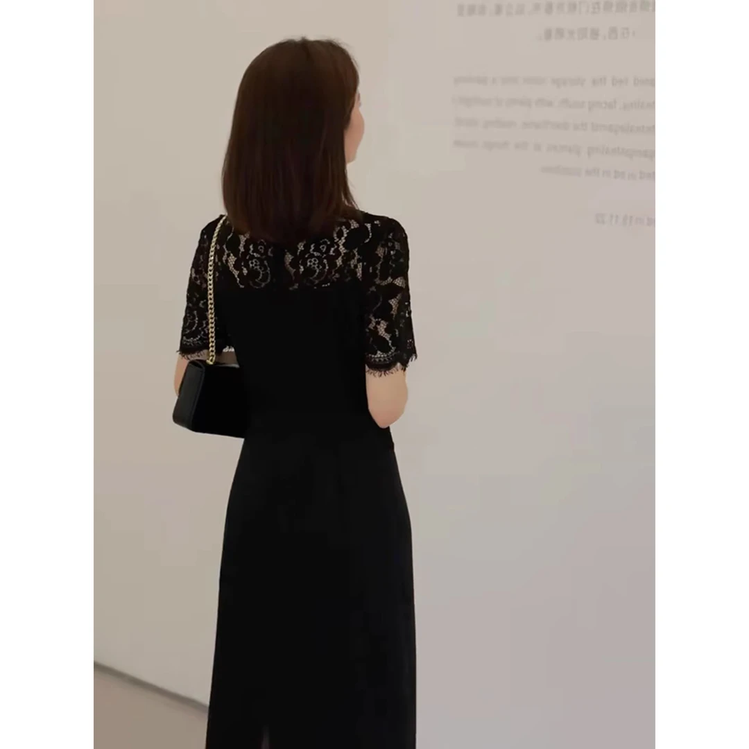 高级感时尚气质拼接黑色连衣裙女夏季短袖v领轻熟御姐风法式a字裙