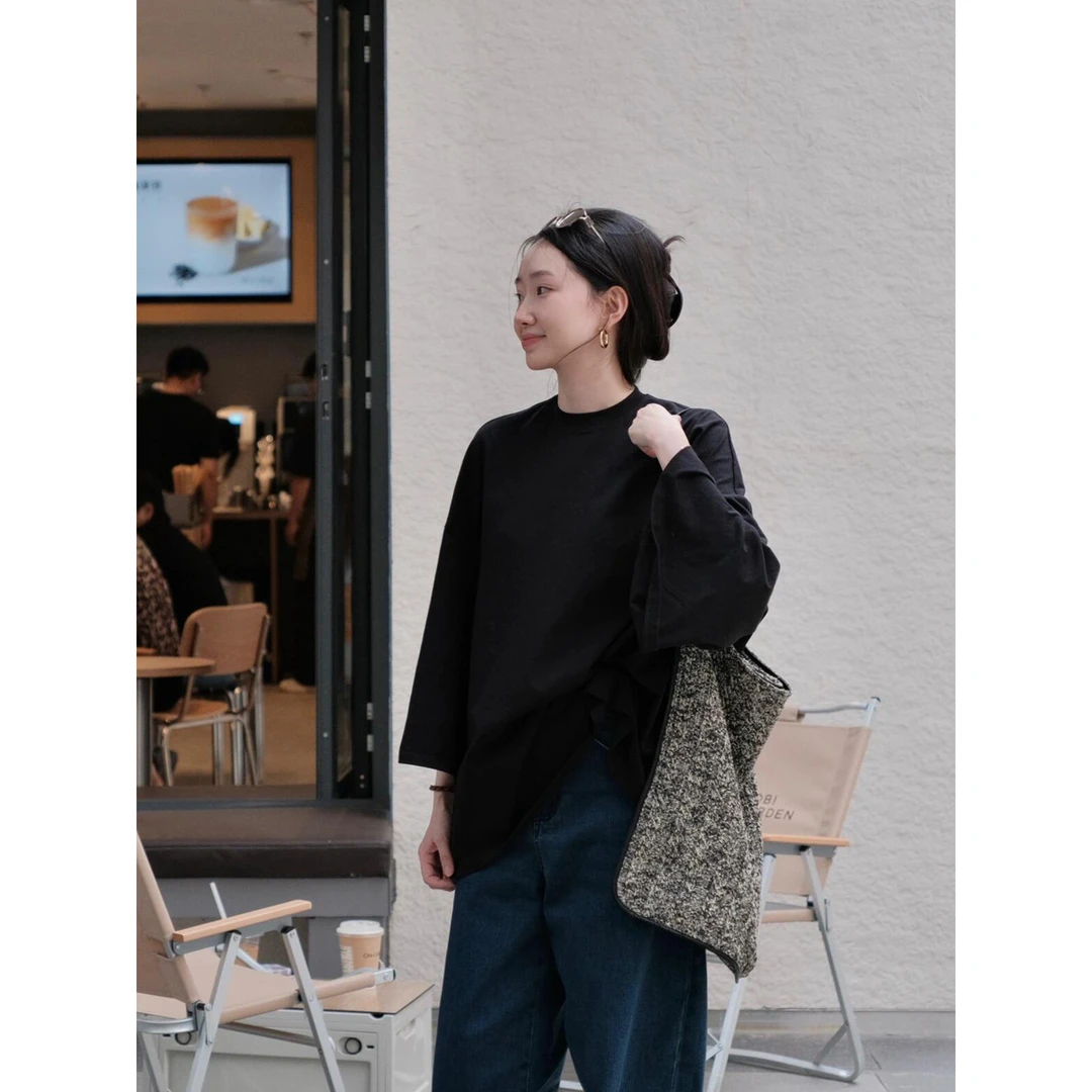 松弛感简约设计蝙蝠袖T恤女2025早秋韩版九分袖气质休闲宽松上衣