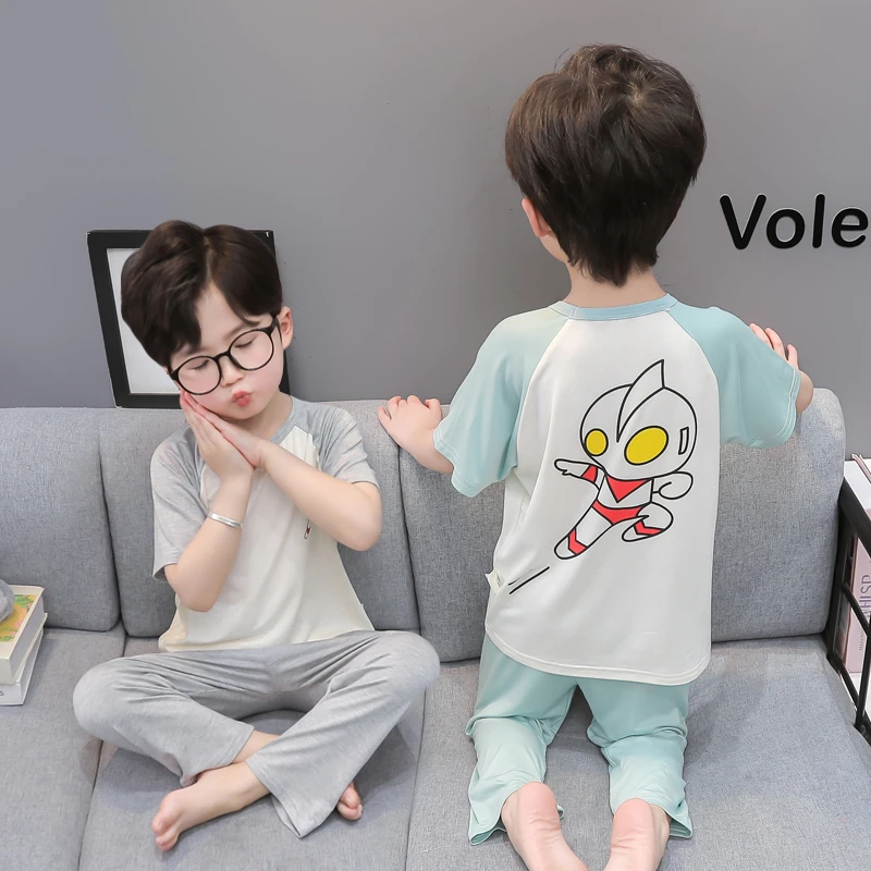 儿童莫代尔睡衣夏季薄款男童家居服小男孩宝宝高腰护肚空调服套装