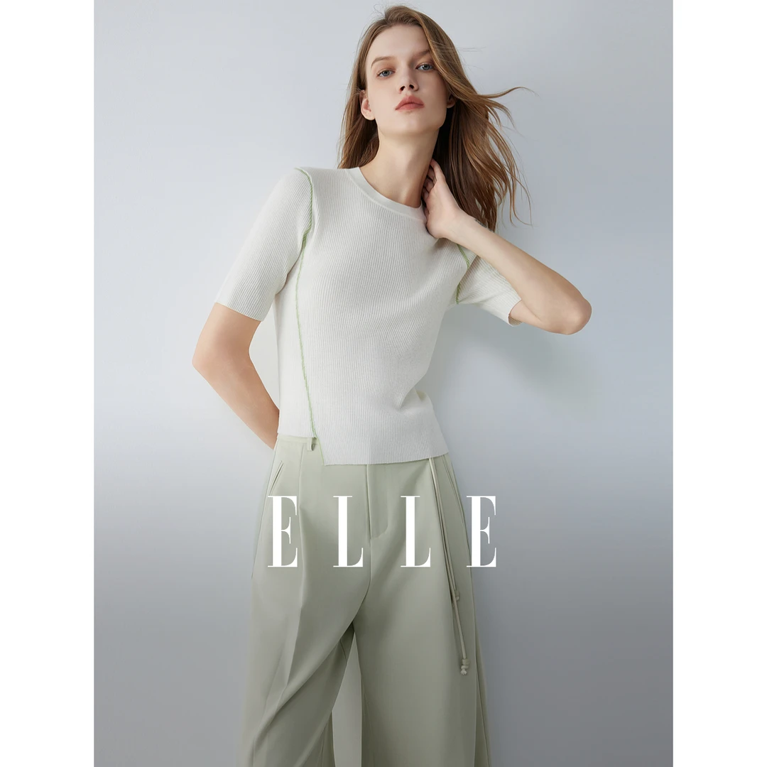 ELLE法式修身针织短袖女2025秋季新款不规则设计感EM51809