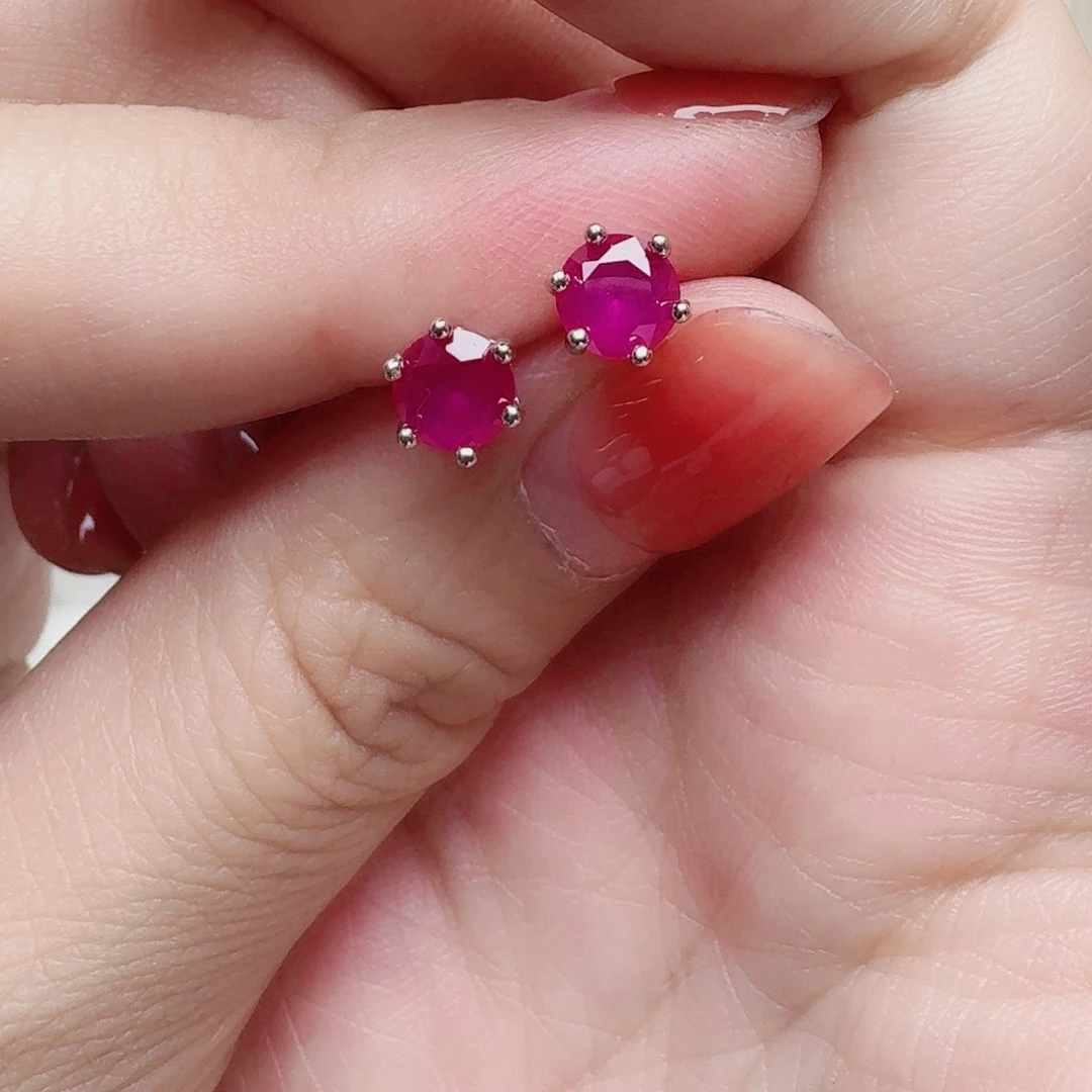 耳饰银S925镶嵌红宝石耳钉红刚玉