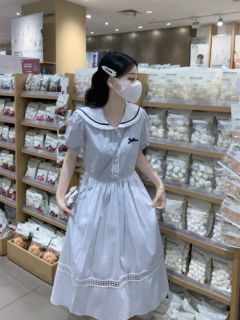 女大童连衣裙夏季初中生12岁胖女孩13学生14学院娃娃领纯色连衣裙