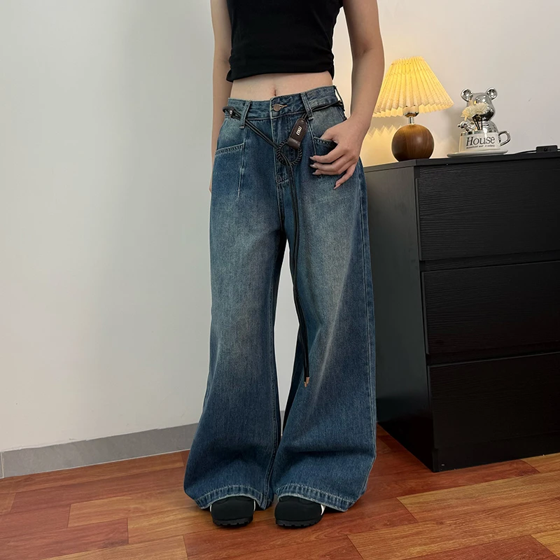 复古水洗蓝阔腿牛仔裤女秋季新款高腰显瘦宽松休闲直筒长裤
