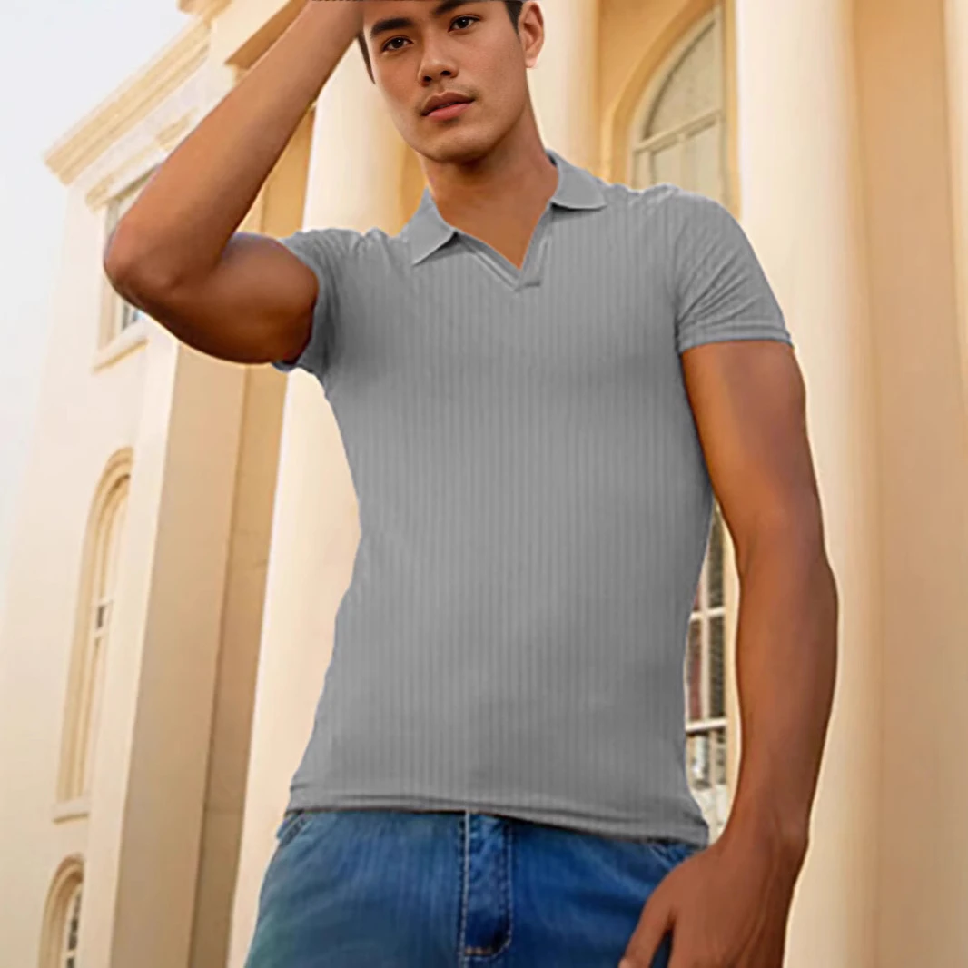 白小t男士POLO衫夏季帅气欧美高颜值翻领男士T恤短袖竖条纹POLO衫