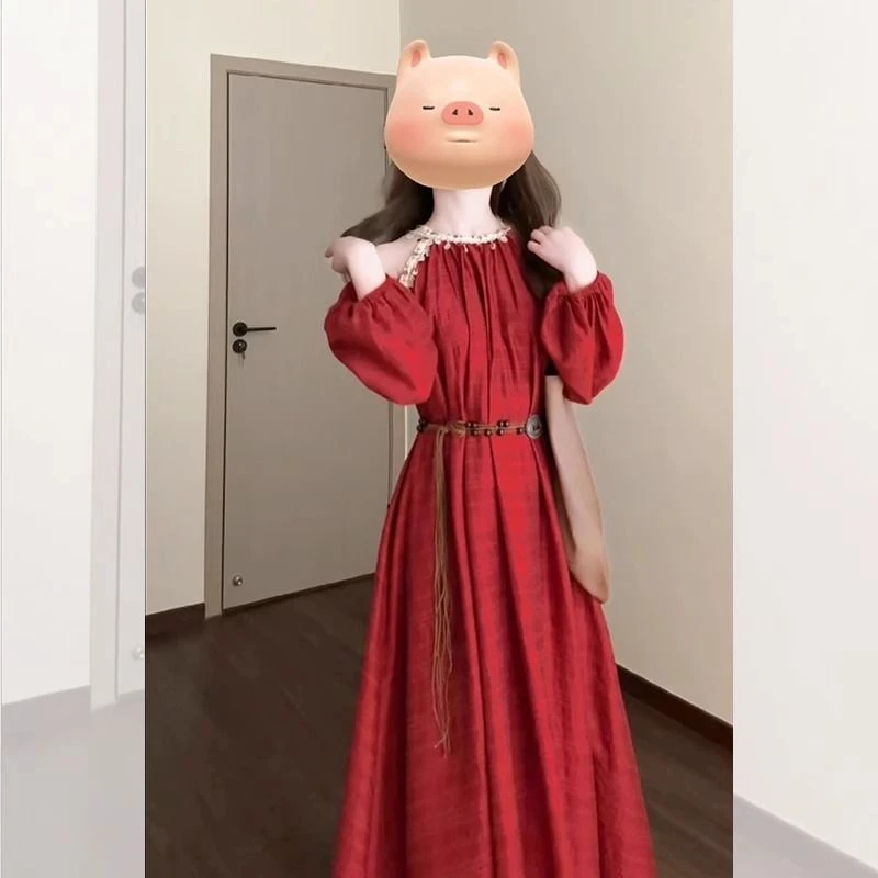 胖mm300斤大码红色海边度假露肩洋装独特超好看法式别致长裙子潮