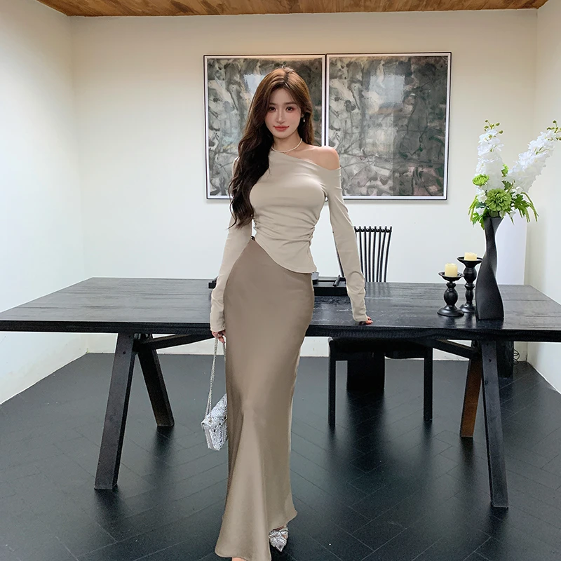 纯欲斜肩设计显瘦上衣女高级感醋酸A字裙小众半身裙套装气质裙子