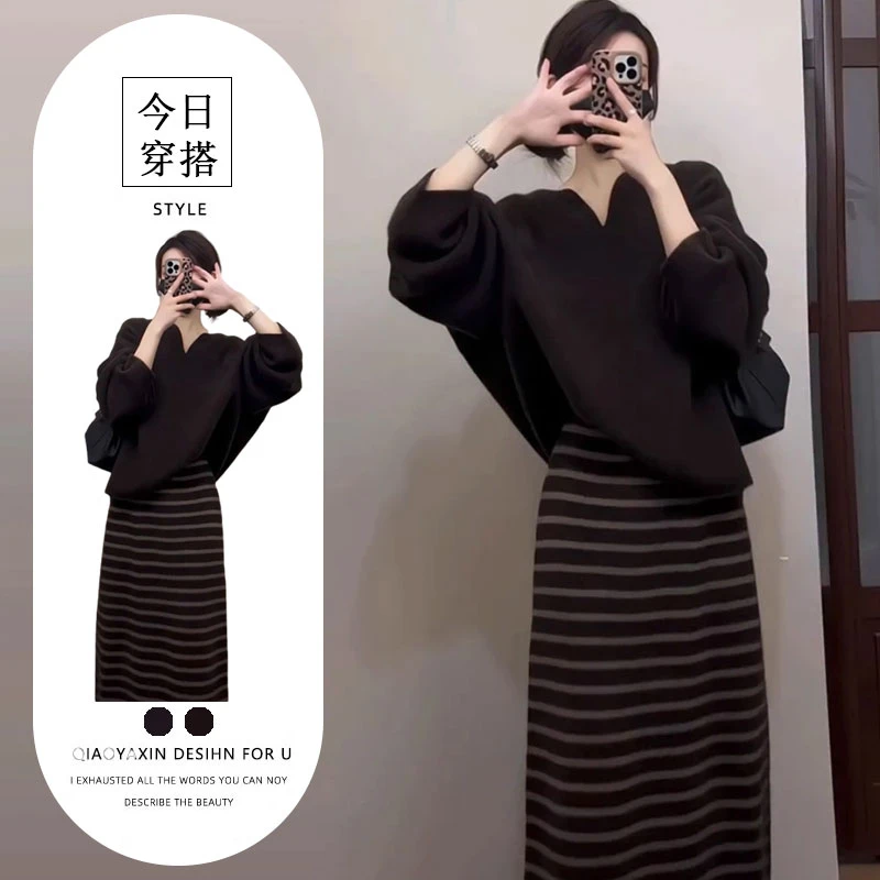 巨好看的冬装一整套大方得体气质御姐咖色毛衣条纹半身裙职业套装