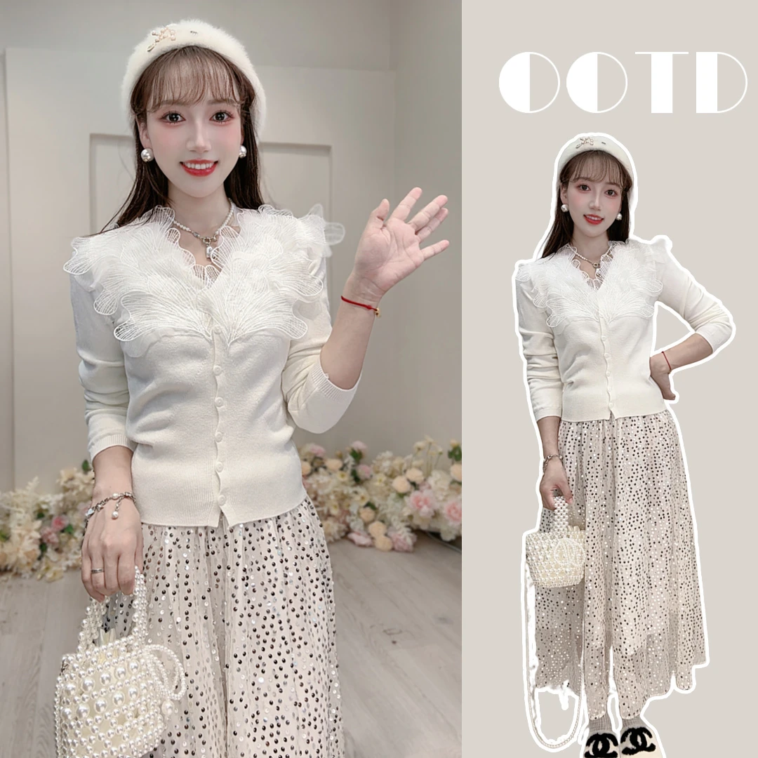 【两件套】A180秋款气质甜美羽毛纯色针织开衫+珠片A字裙半身裙套装