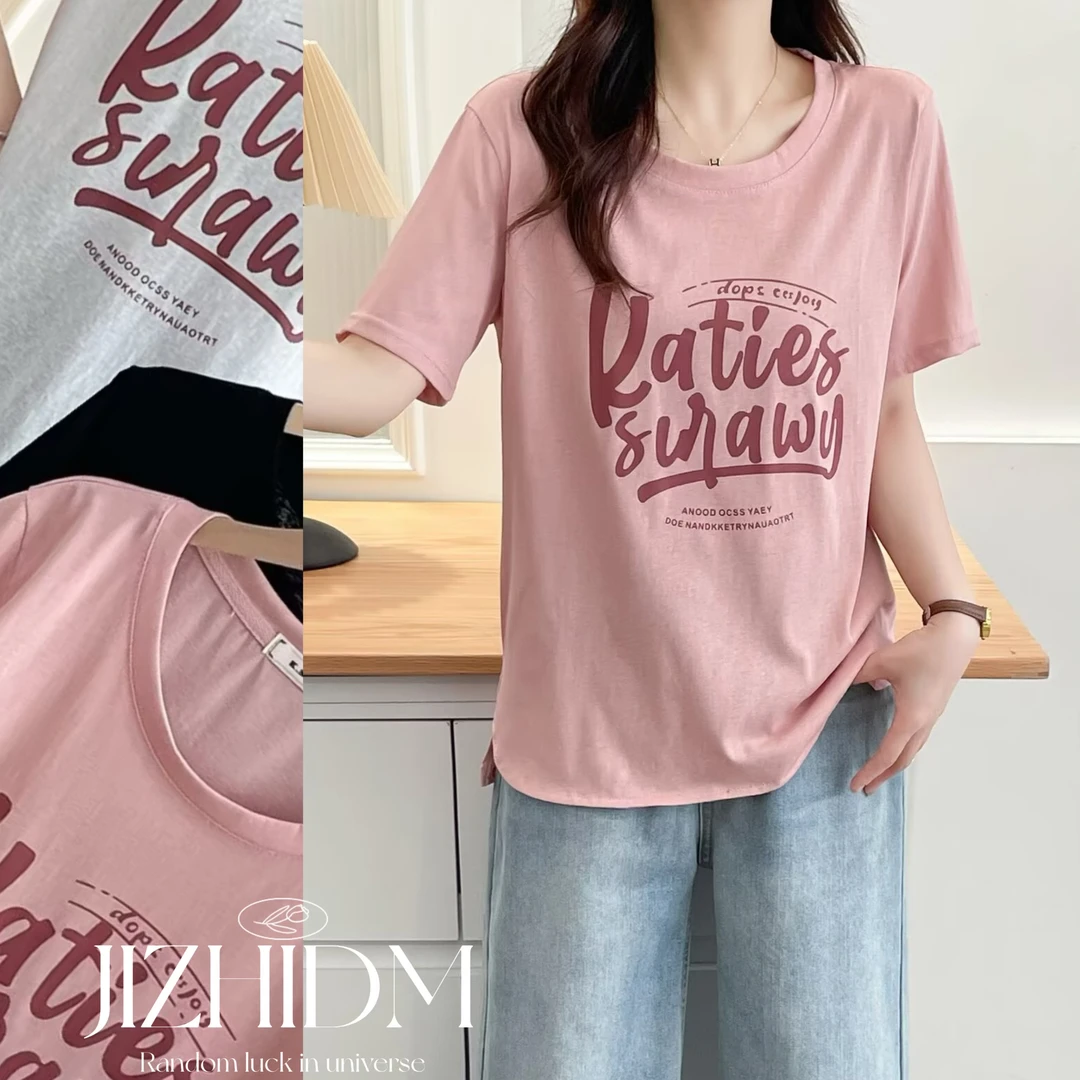 【100-200斤】夏季印花圆领开衩纯色短袖打底衫女宽松显瘦百搭T恤