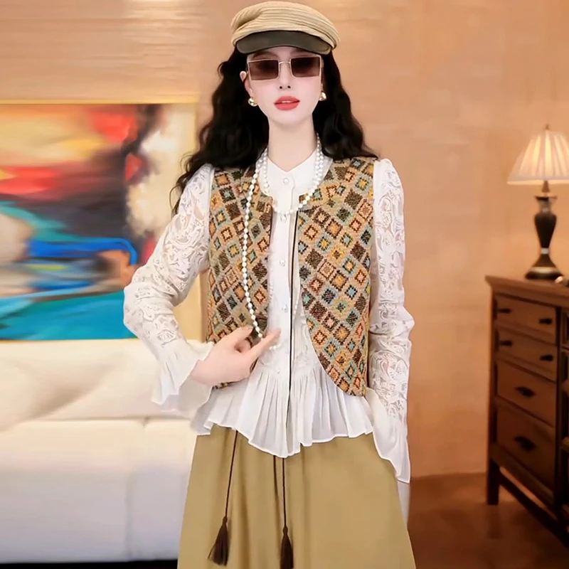 复古叠穿套装女春秋2025镂空荷叶边衬衫菱格马甲阔腿裤显瘦三件套