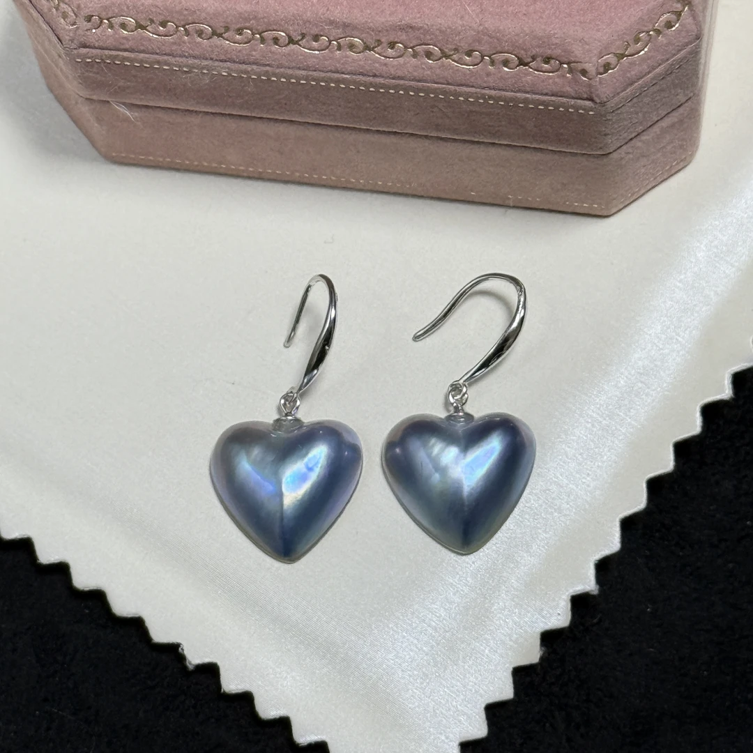 天然星空蓝爱心海水马贝珍珠耳钉耳勾 个性时尚简约款AB352