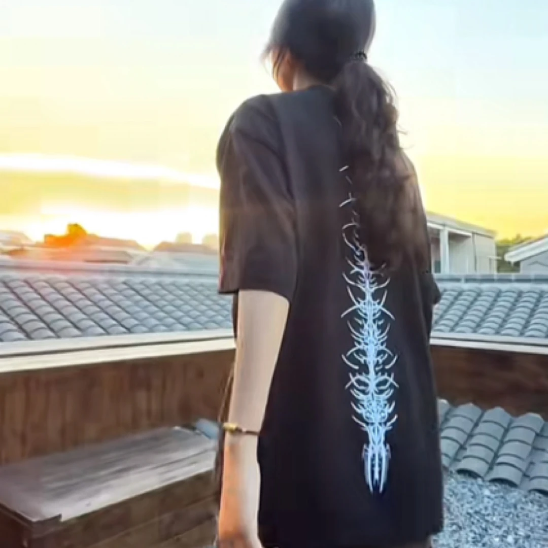 EXKYLIN恶魔脊骨刺绣款纯棉320g男女同款短袖小众双刺绣