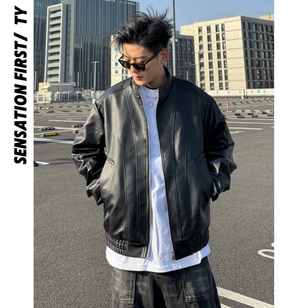 田野L  美式简约结构做旧短款高质感休闲皮夹克外套